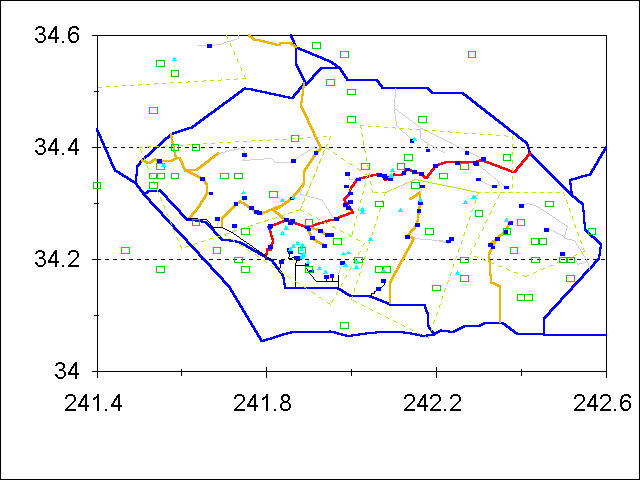 map showing trailheads, roads, waterfalls and airplane crash sites in ANF without labels