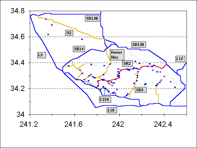 map showing trailheads and roads in ANF with labels