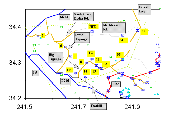 map showing hikes in tujunga area of anf